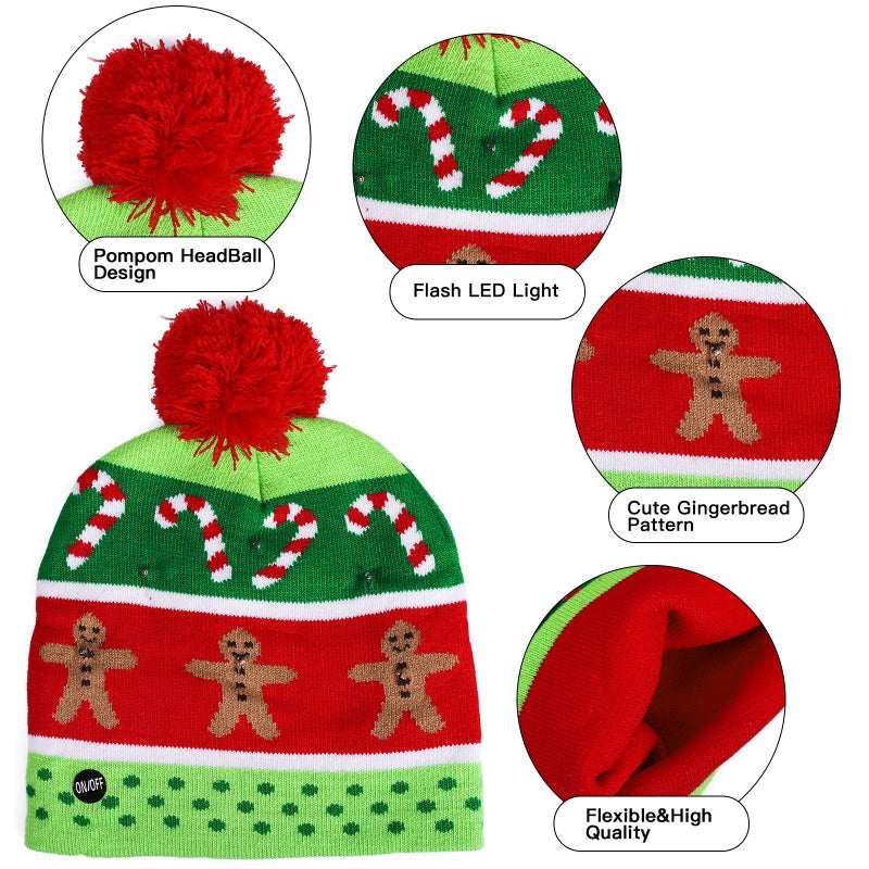 MGparty 2 Pack Christmas LED Light-up Knitted Beanie Hat Colorful with 3 Flashing Modes for Holiday Xmas Christmas Party Supplies(One Size Fits More) - Image 2